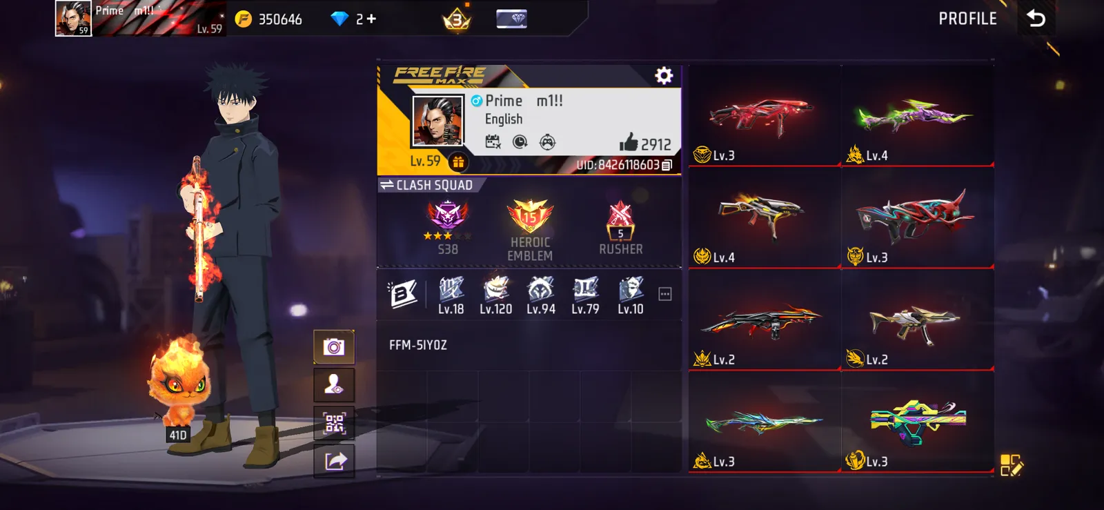 🔥 Level 59 | Prime 4 | 8 EVO Guns | India Top 72 Weapon Glory | Fist Mythos | 63 Emotes | JJK Collection