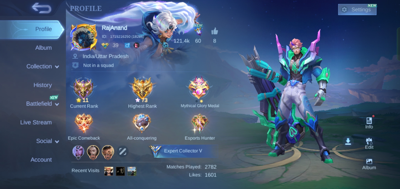 Very Good mlbb account with 121 skins, 134 in match collection and 35 non match collection. Highest Rank 73 stars glory