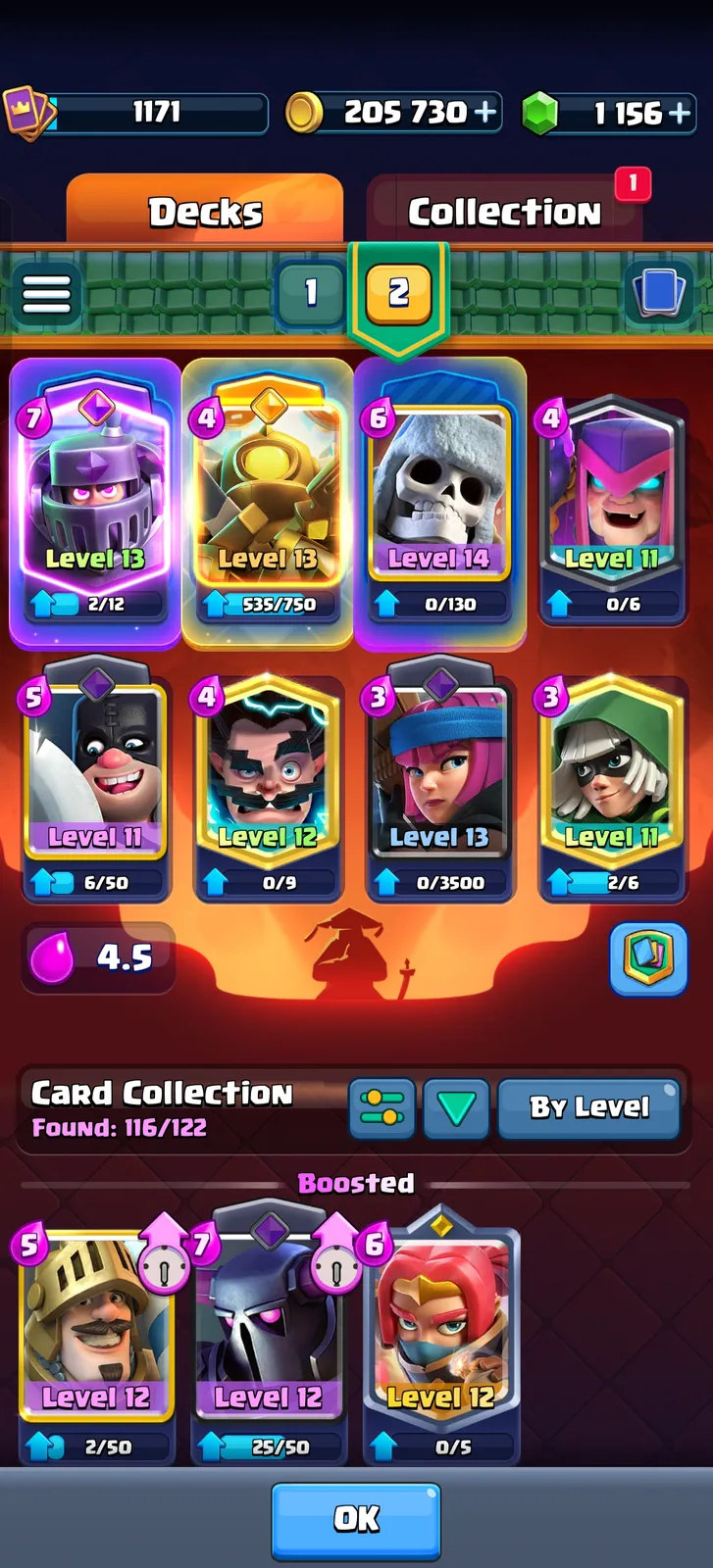 🔥 Clash Royale Account for Sale | 116/122 Cards | Master I | 205K Gold | 1156 Gems