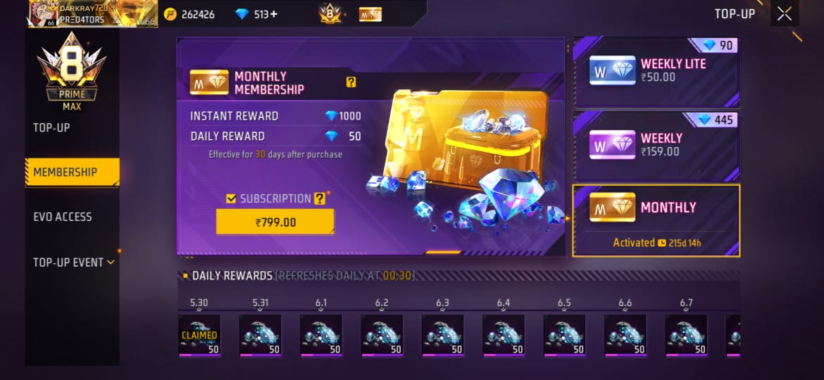 Free Fire ID Lv.66 | 5 Max Evo Guns | 78 Mythic Gun Skins | 240+ Days Membership | 300+ Vault Items | Premium Account