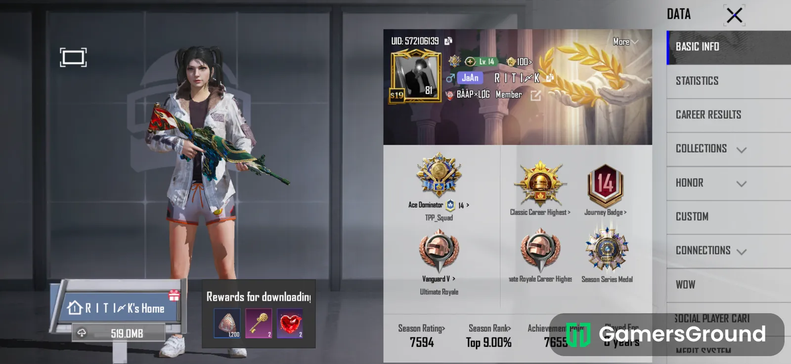 Season 19 old conqueror, 36 title,  45 mythic, 1 ultimate, Roaring immolation lever 4 (M416), 12 upgraded guns , 275 uc available in acc