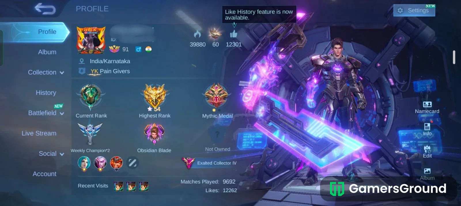 MLBB Account | 307 Skins | Alucard Obsidian Blade Legend | Collector & Collab Skins
