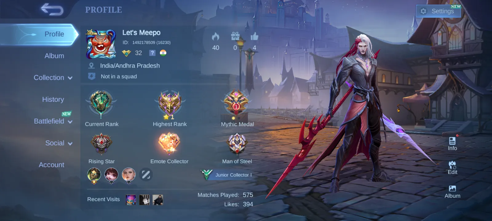 MLBB Account for Sale | Mythic Rank | 70 Heroes | 65 Skins | Lvl 32 | India Server