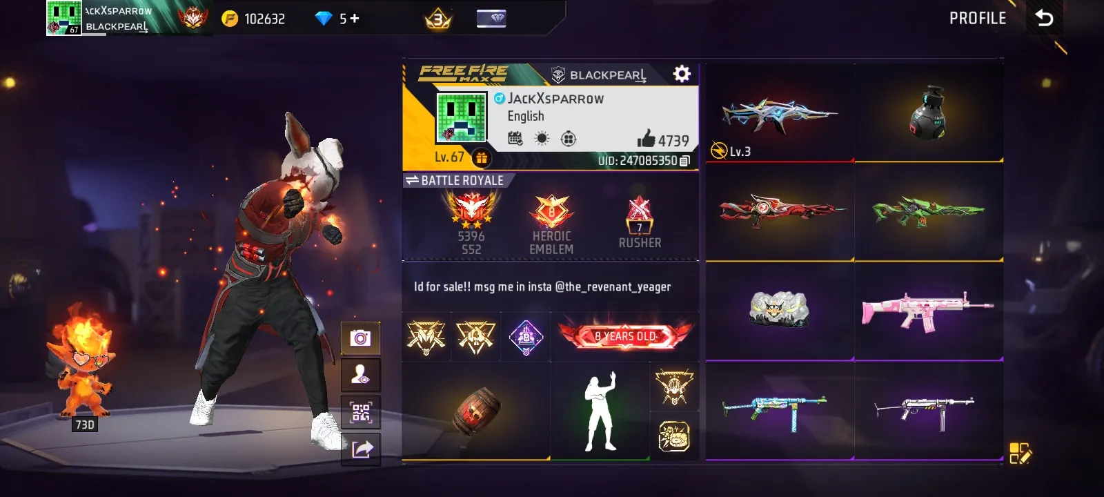 Very rare Free Fire 8 Year Old Level 66 OG Account | 4608 Likes | Rare Skins | Serious Buyers Only |
