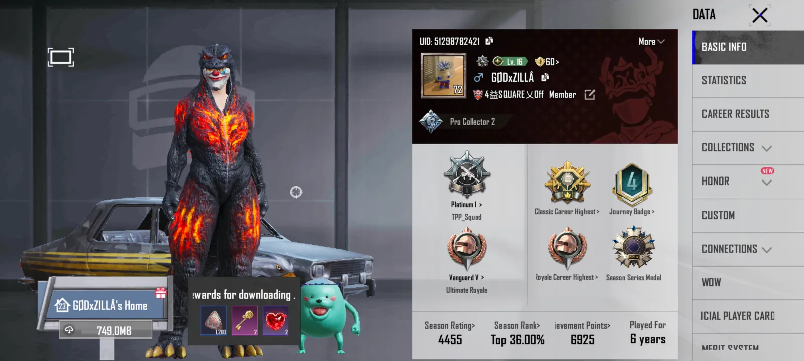 Bgmi level 72 and collection level 62 and 6+ years old account and 7000 achievement points