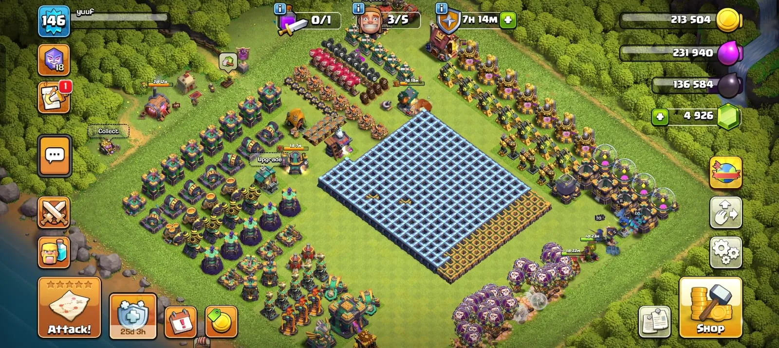 Town Hall 14 fully updated defence and fully updated hores except queen(78 levels) and king(37) with 4900 Gems.