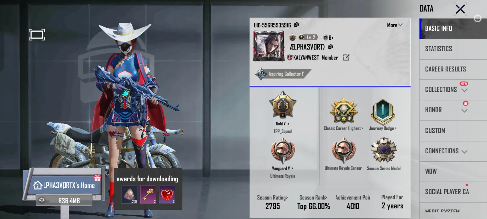 Account with 58 level with 6 rp nd 2 mythic dress