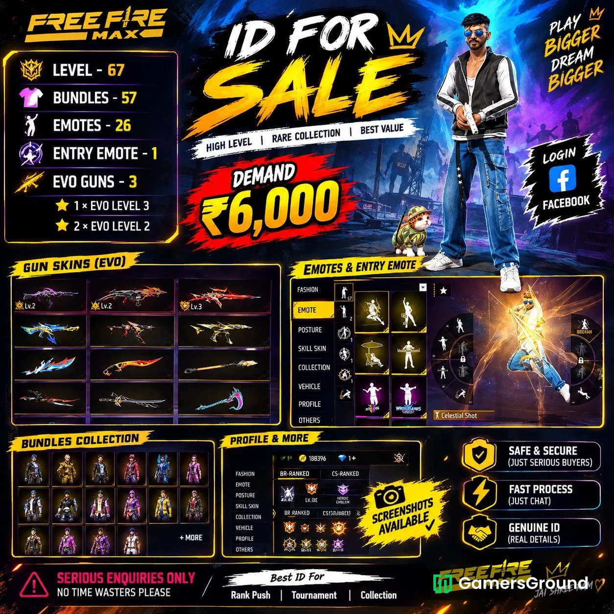 Free Fire ID Level 67 | 3 EVO Guns | 57 Bundles | 26 Emotes