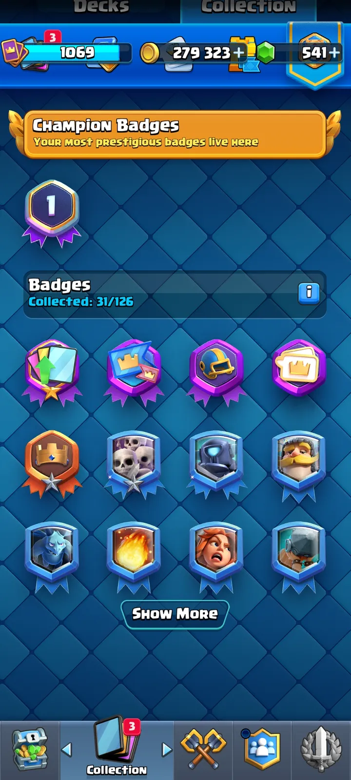 6000 plus trophies with 5 evolution cards and more than 500 plus diamond with more than 10 emotes unlocked