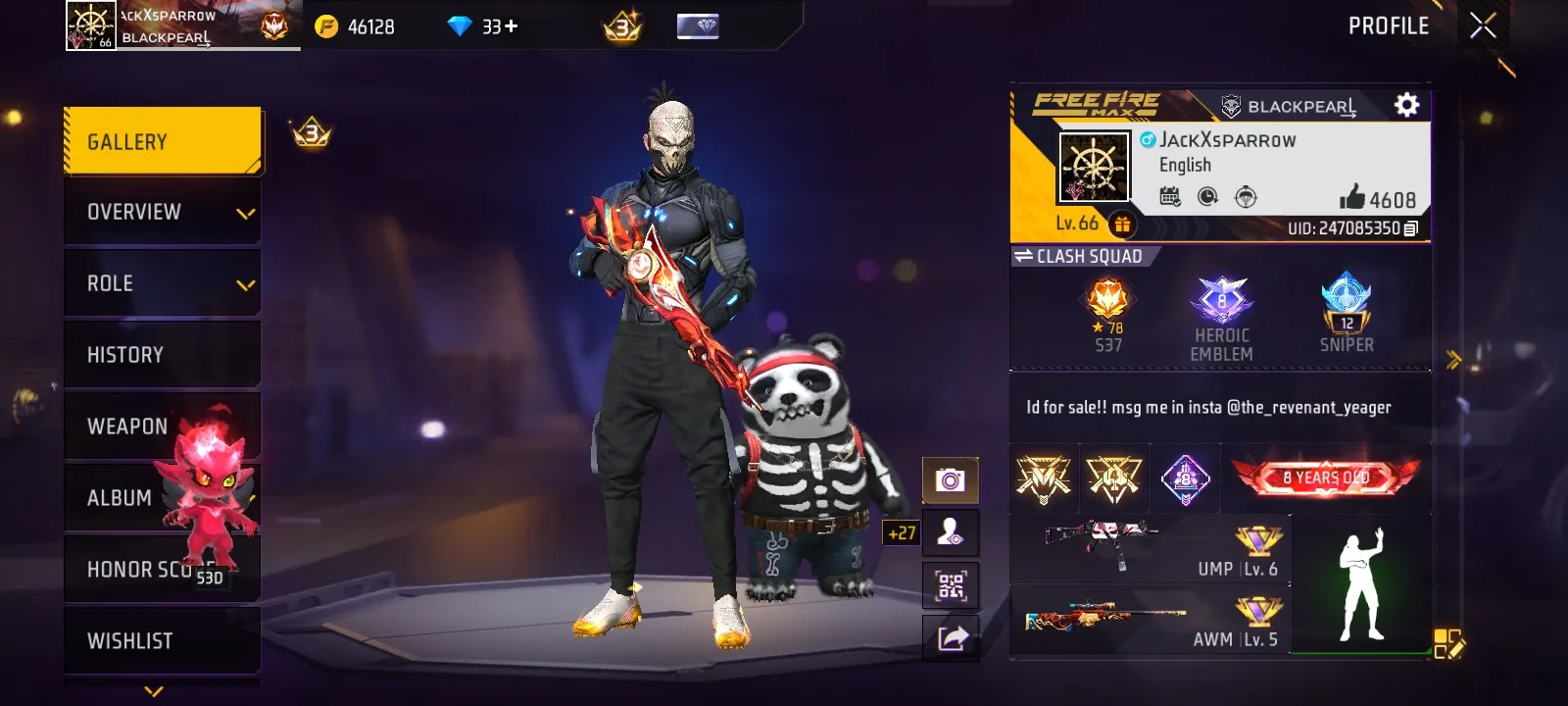 Free Fire 8 Year Old Level 66 OG Account | 4608 Likes | Rare Skins | Serious Buyers Only