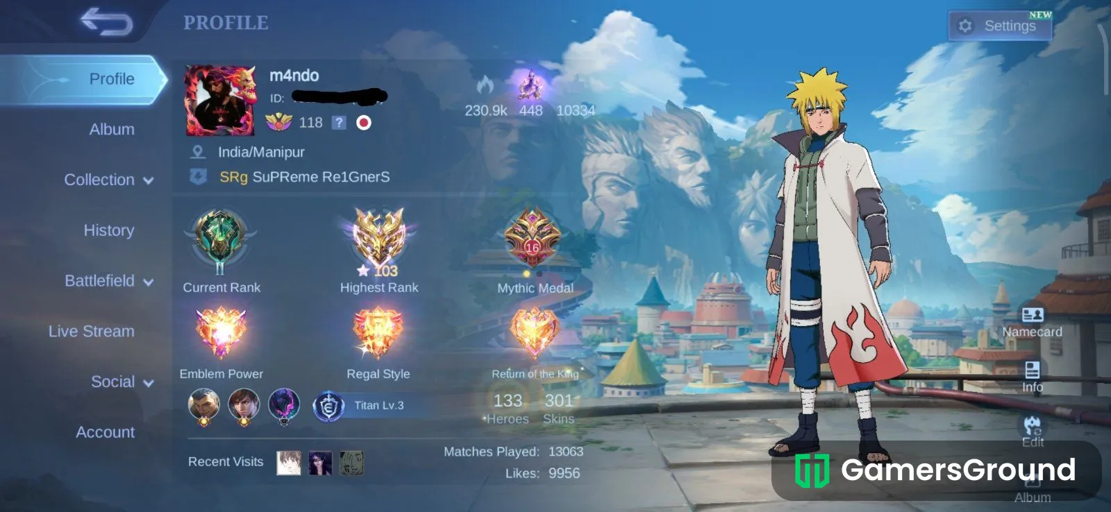 Highest Ranked Mythical Immortal Account(5 years of age) , MLBB x Naruto Shippuden Skin|Gusion(Minato)