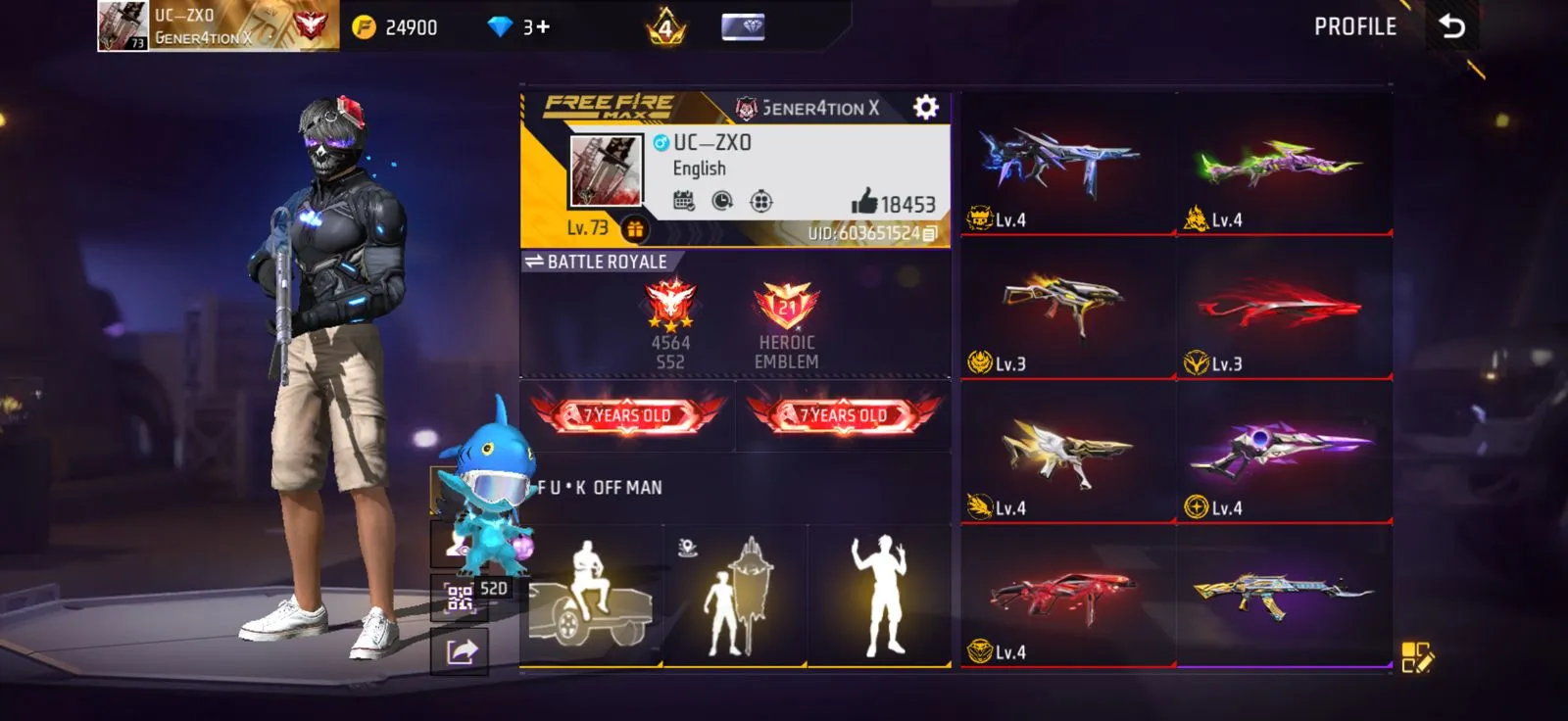 Level 73  8evo  gun skin  and 7 year old