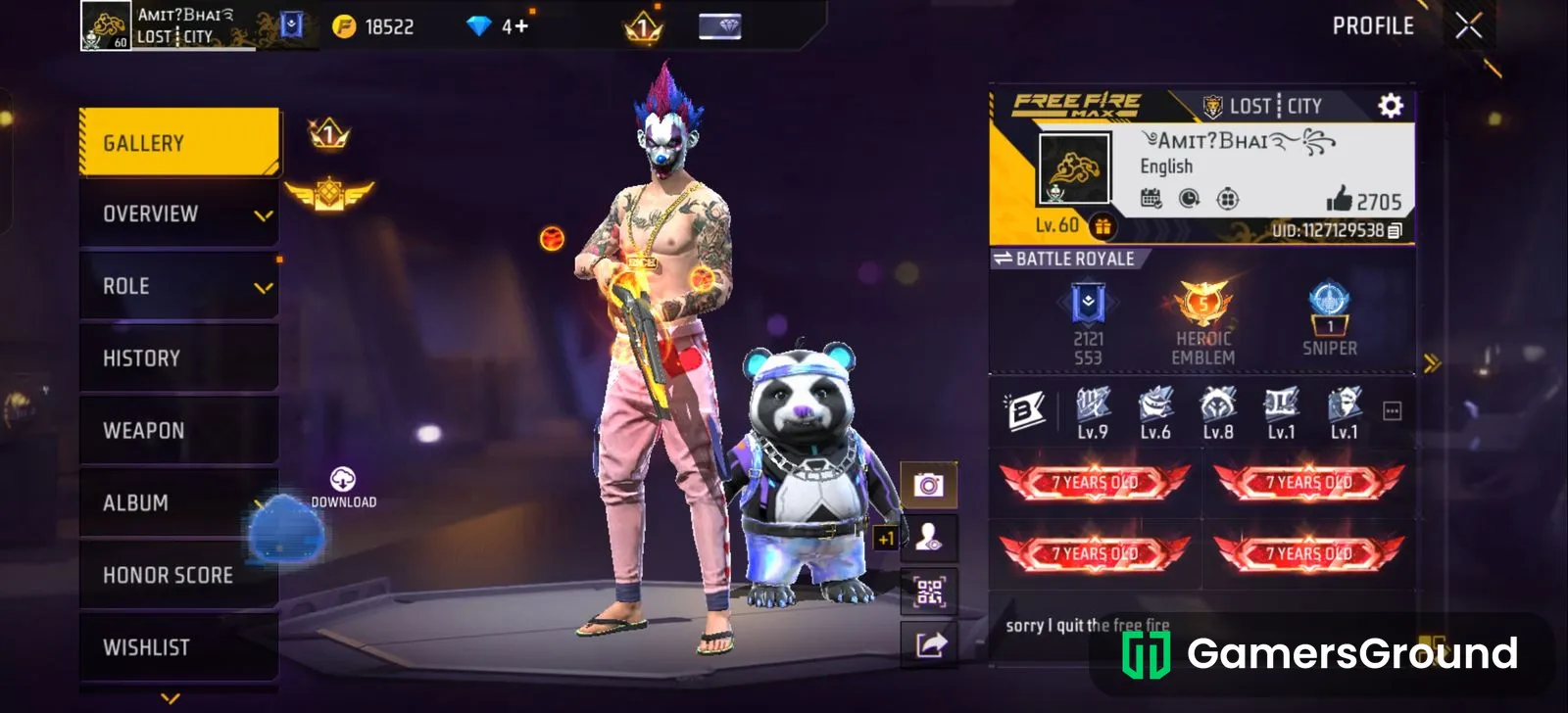 Free Fire MAX Level 60 | 7 Years Old | Rare OG Items | Multiple Evo/Upgradable Guns | Heroic