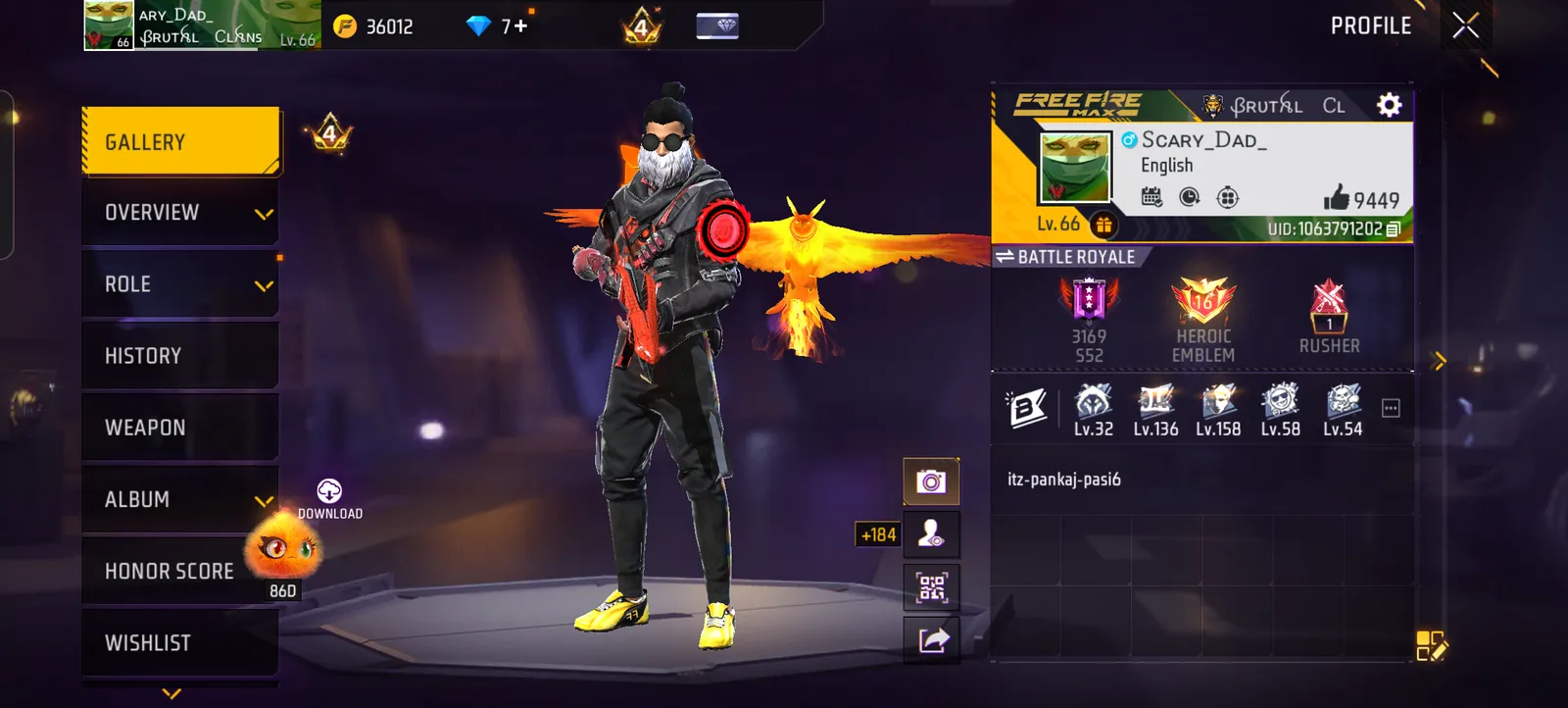 Free Fire MAX ID | MP40 Cobra Lv4 + M1014 Evo Lv4 | Naruto + JJK Bundle | Heroic 16 | Lv66 | 9.4K Likes
