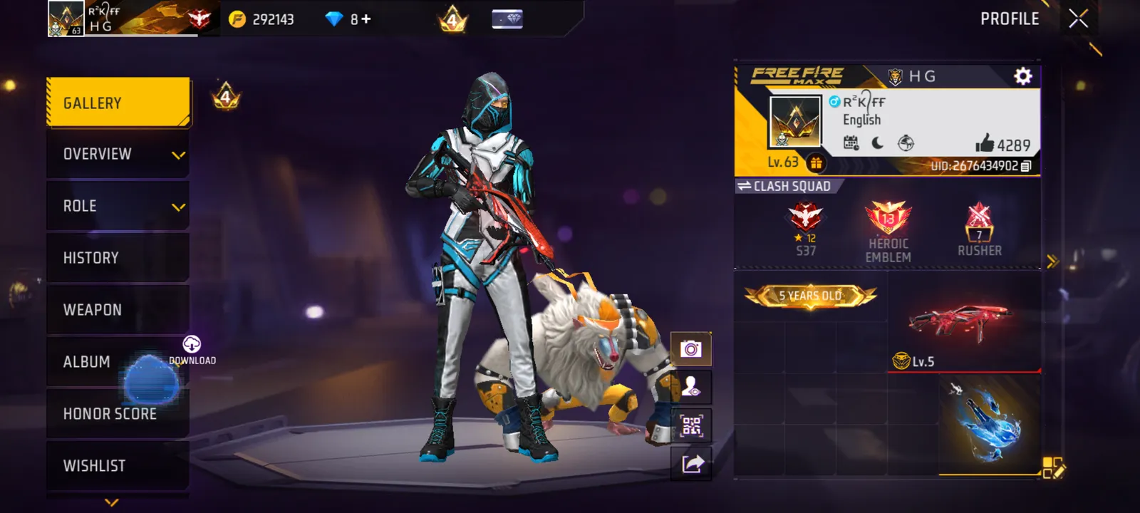 🔥 Free Fire MAX Level 63 Heroic | Prime Lv.4 | Evo MP40 Lv.5 | 30+ Emotes | Blue Phoenix | 5 Years Old 🔥
