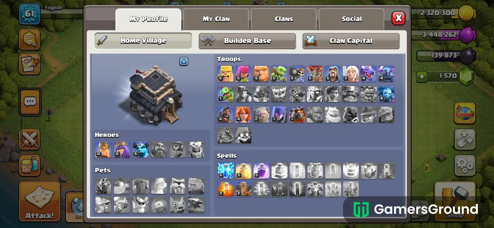 Town Hall Level 9 Max , with king , archer queen , and minion king all heroes of level 10 , with 4 builder huts and nearly 1600 gems