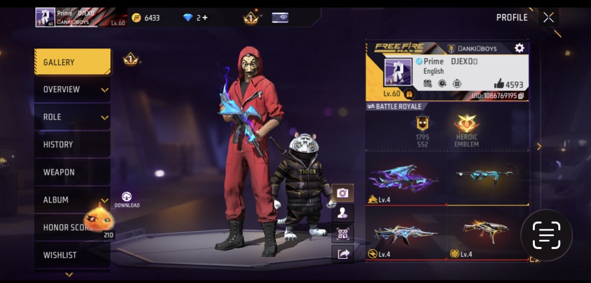 Lv 60 id with 3 Evo Ak,xm8,Ump, and other rare skins and clothes