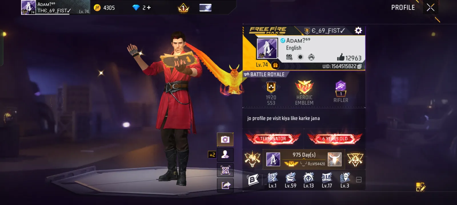 74 level free fire id