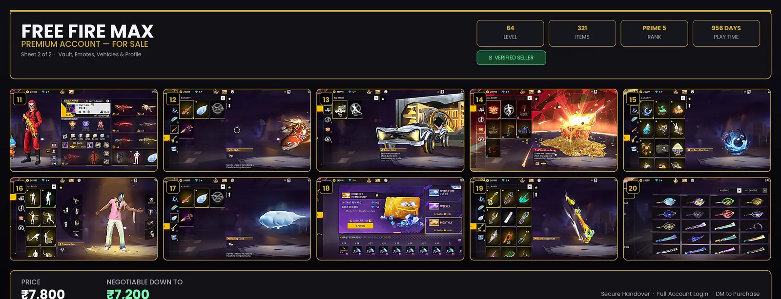 Free Fire Max Account | Level 64 | Prime 5 Rank