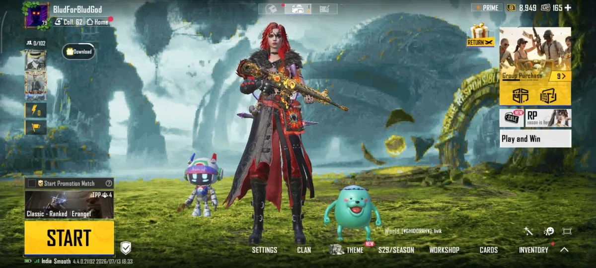 BGMI  | crimsonskybalde lv5 m4 | Glitz outfit + backpack | phoenix glider | 2 material  and 1130 lucky coins (can use for naruto collab)