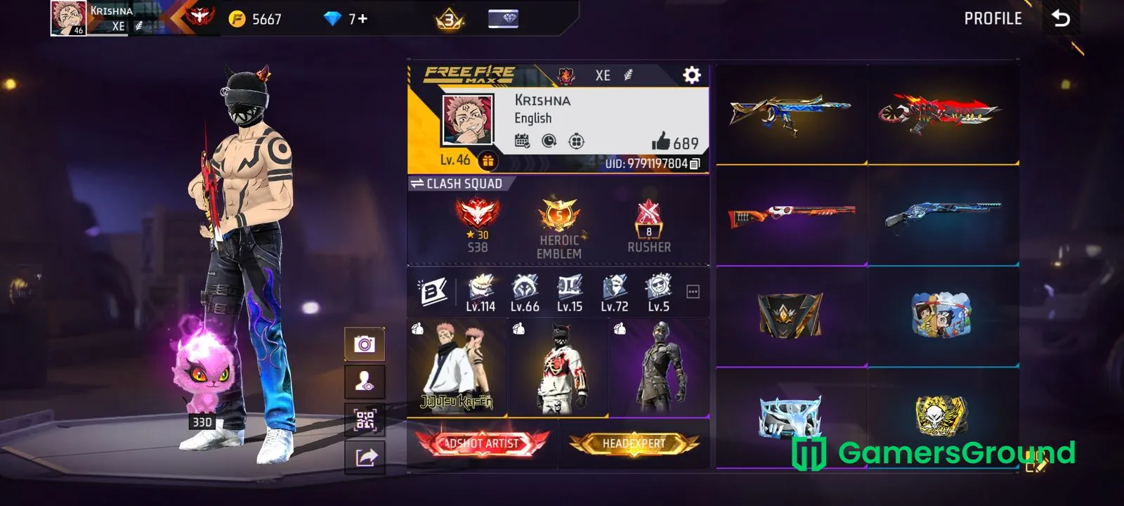 🔥 Free Fire MAX Account Sale | Level 46 | Prime 3 | Heroic CS | 11 Emotes | Jujutsu Kaisen Bundle | Rare Gun Skins 🔥
