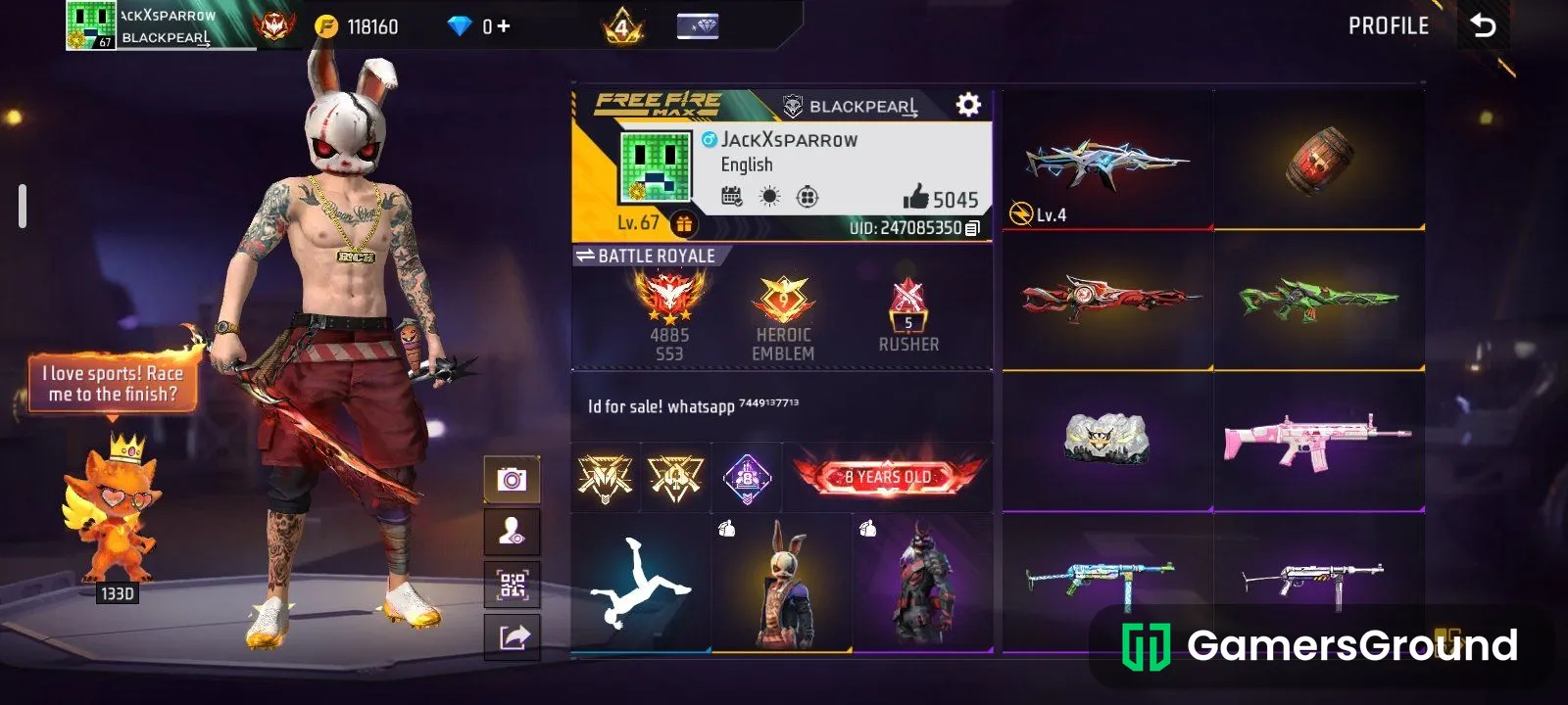 8 Year Old OG Free Fire Account | Rare Bundles, Skins, 1 evo & 40+ emotes