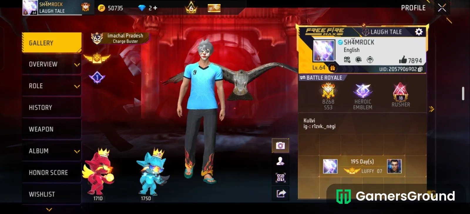 Free fire account with 6 year badge and 6 level prime