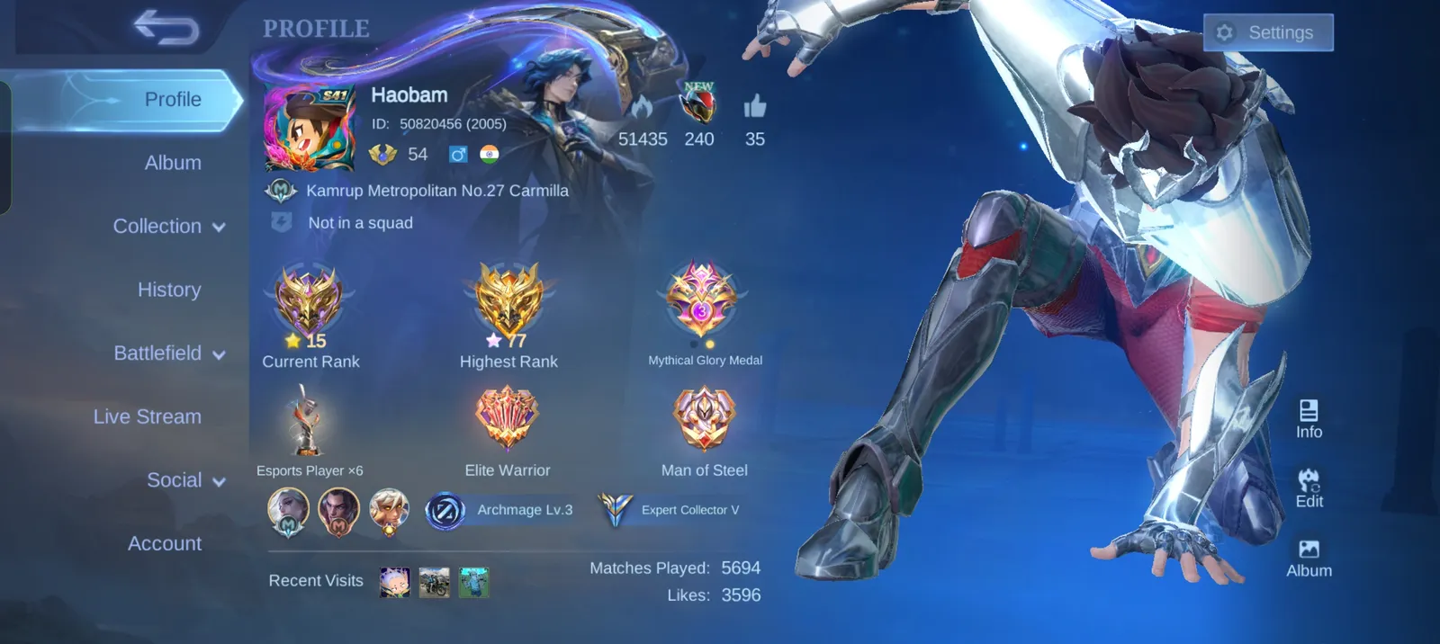 MLBB Account | Mythical Glory 77⭐ | 122 Skins | Max Emblems