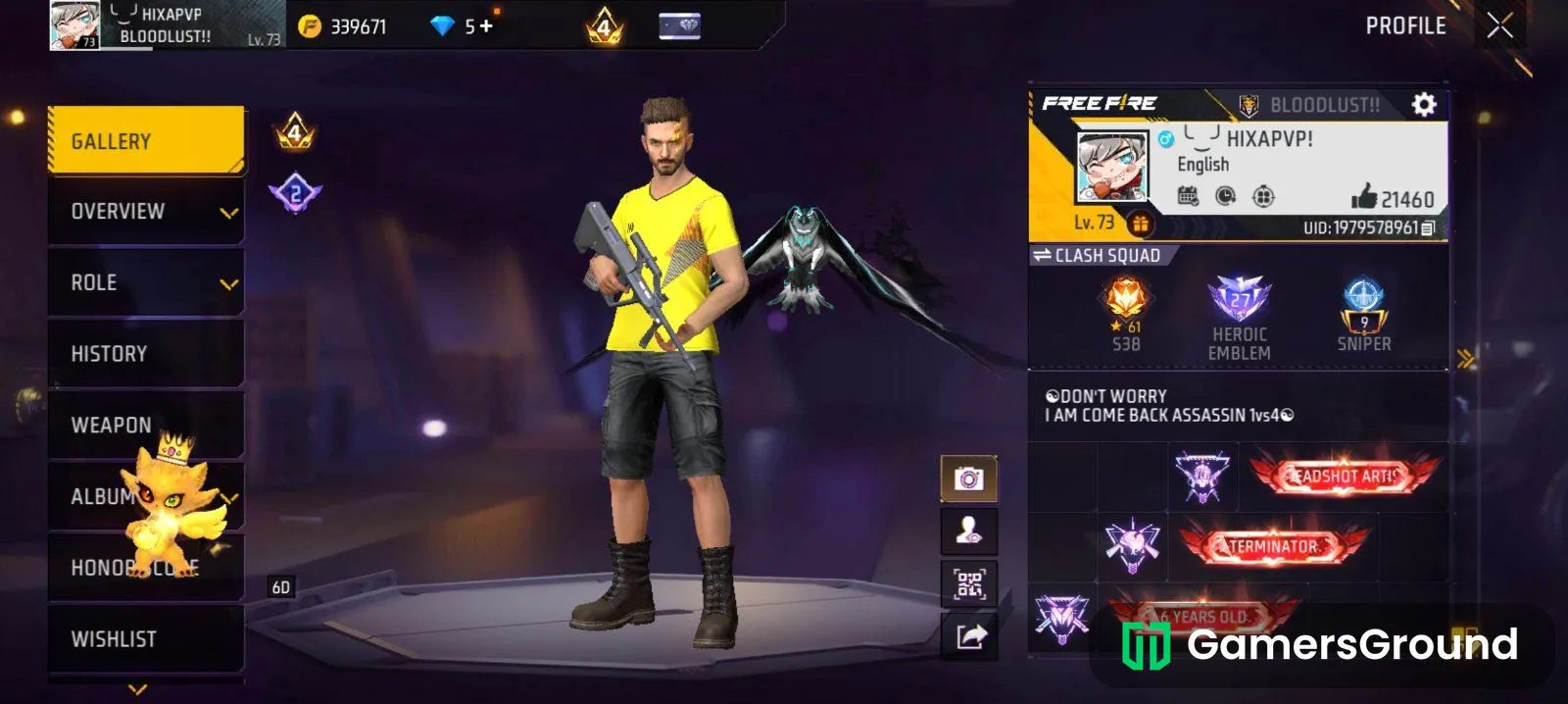 Level 73 Har season CS mein grand master lagaya hahai mere profile mein 21000 like hai aur 6 year old title hai aur 340000 gold hai
