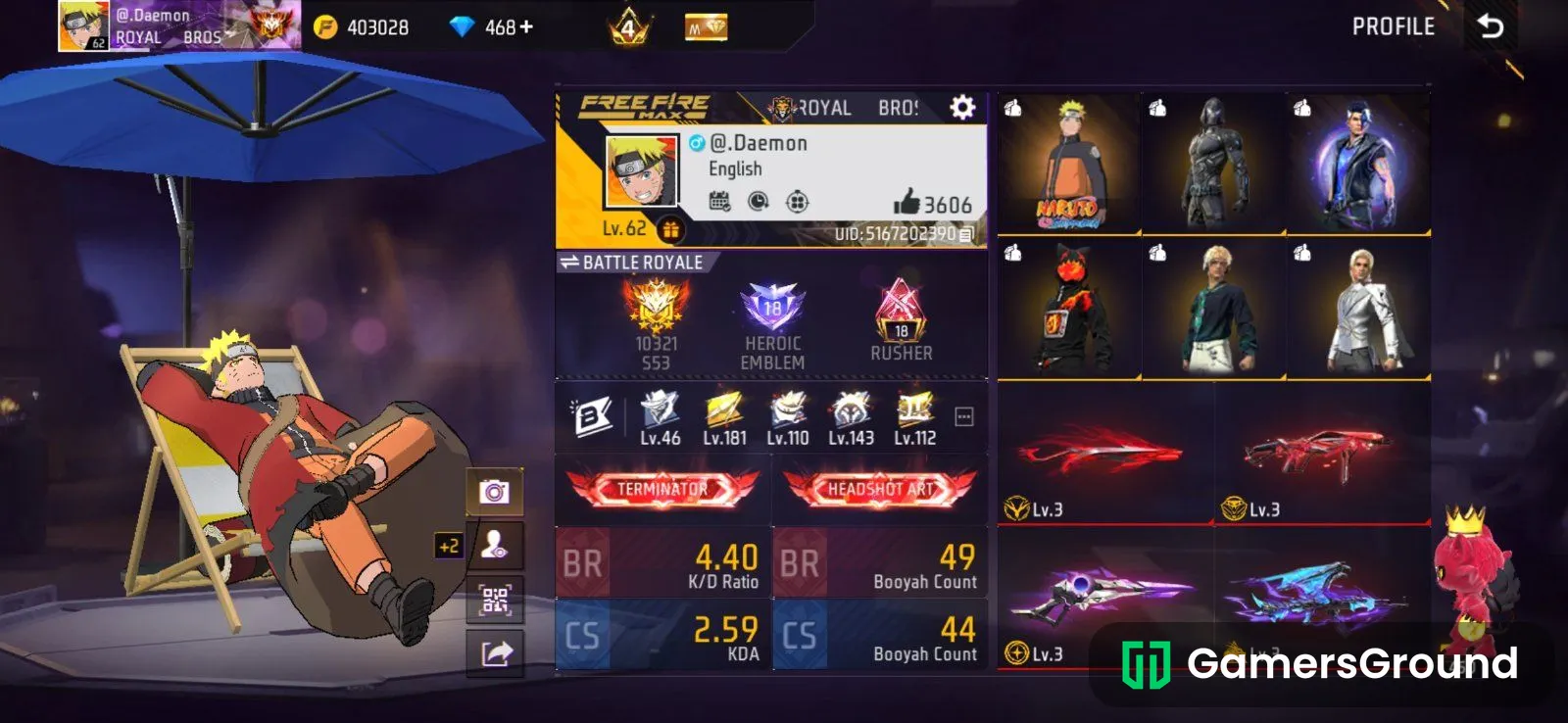 Free fire Ac Lev.62 Evo Gun.9 with Diamonds 1000+