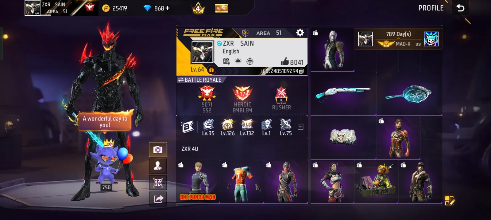 Free Fire 64 Level , Prime 4 id , 4 Evo guns all of them are level 4 , old elite pass and Booyah pass , Rare Bundles & Gun skins And many more
