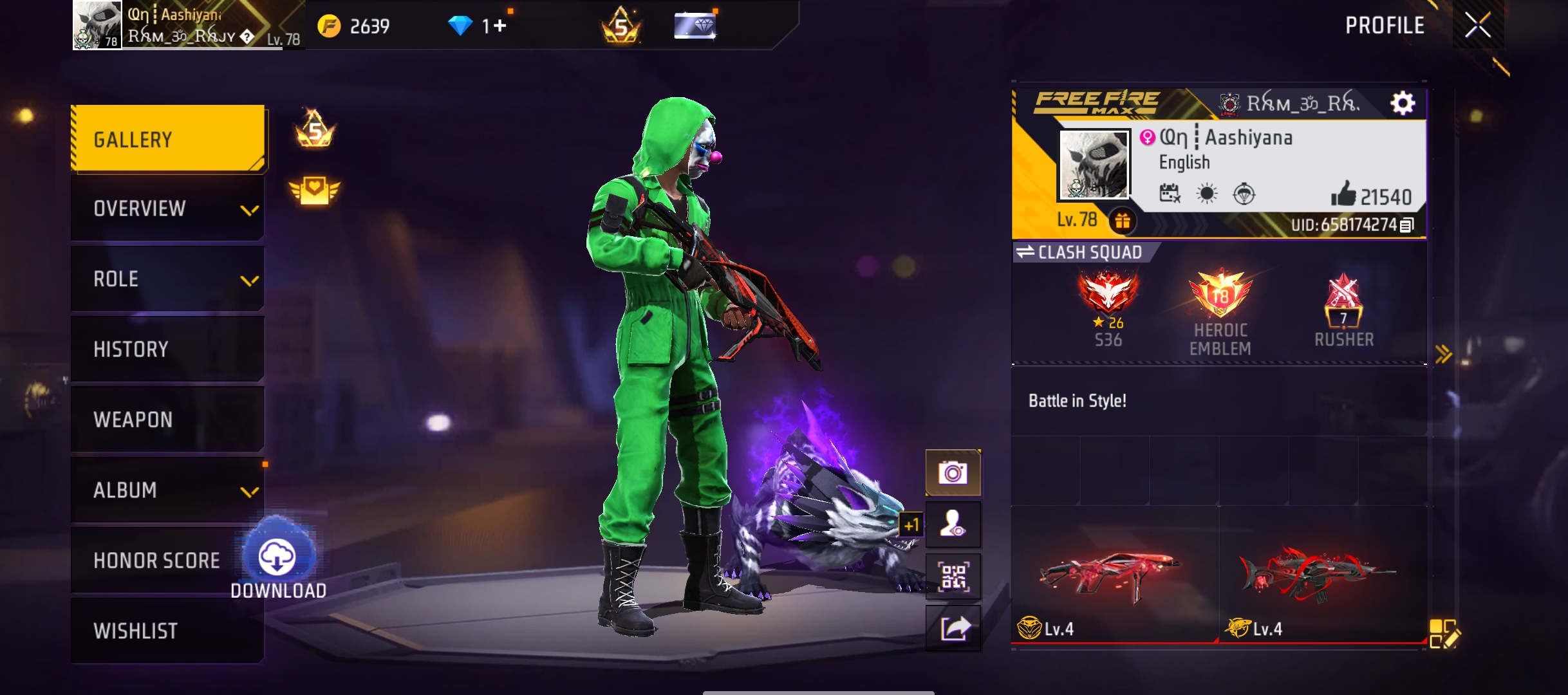 7 Years Old OG Free Fire ID | Green Criminal | 10 Evo Guns | Prime Level 5