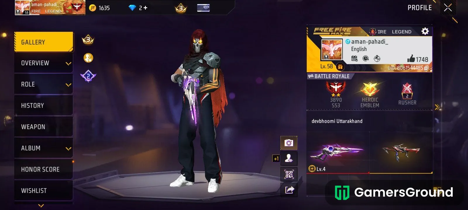 Level 58 Premium FF Account - MP40 Pink Skin & Rare Gun Collection! 🔥