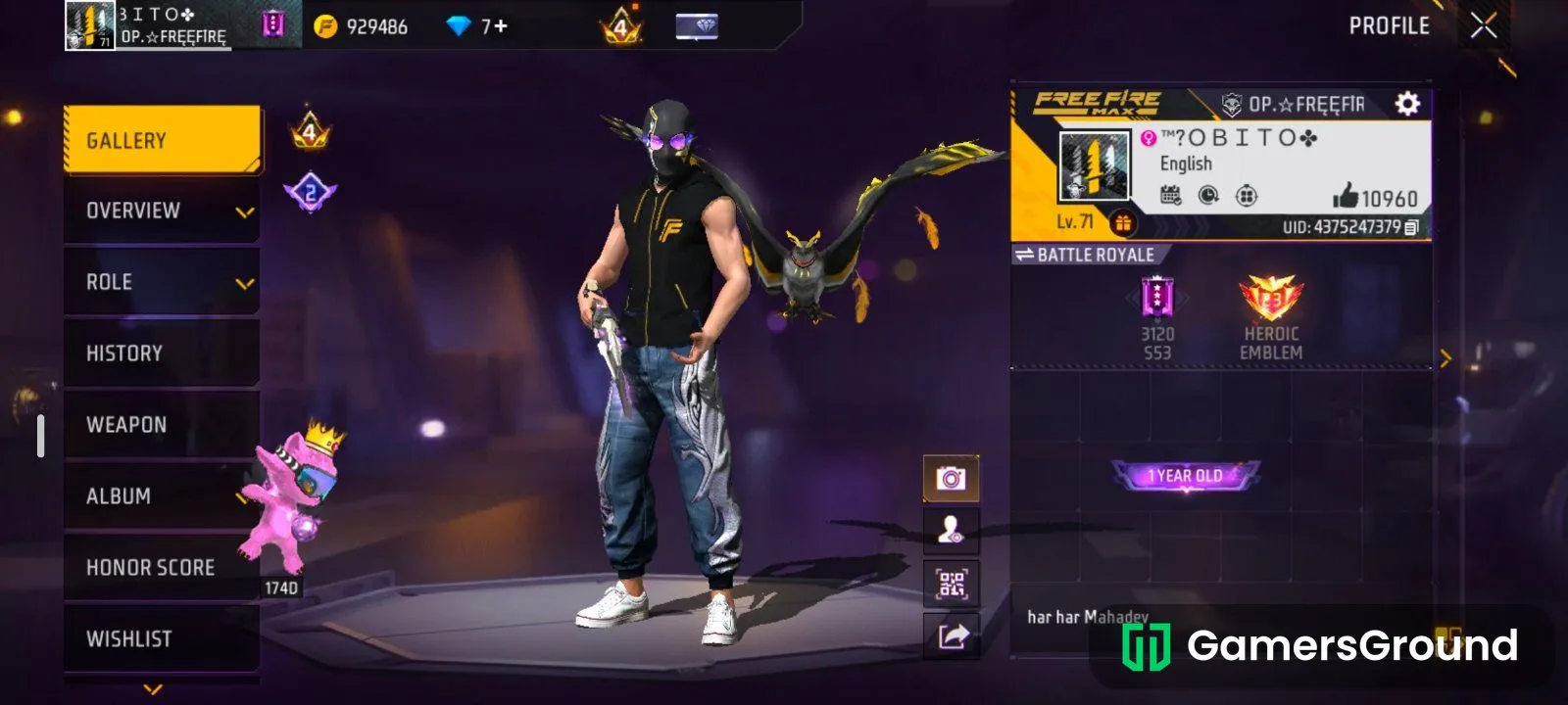Free fire  level 71 account rare skins & good condition
