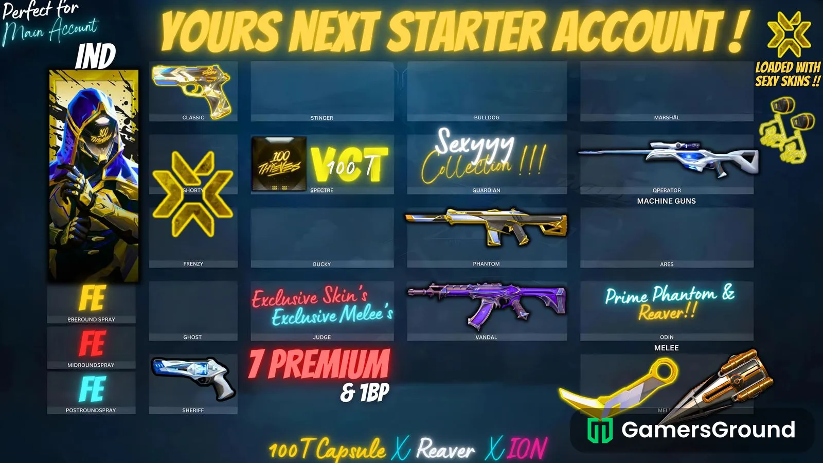 Valorant account with 7 premium skins and 1 BP. Fe and rev details