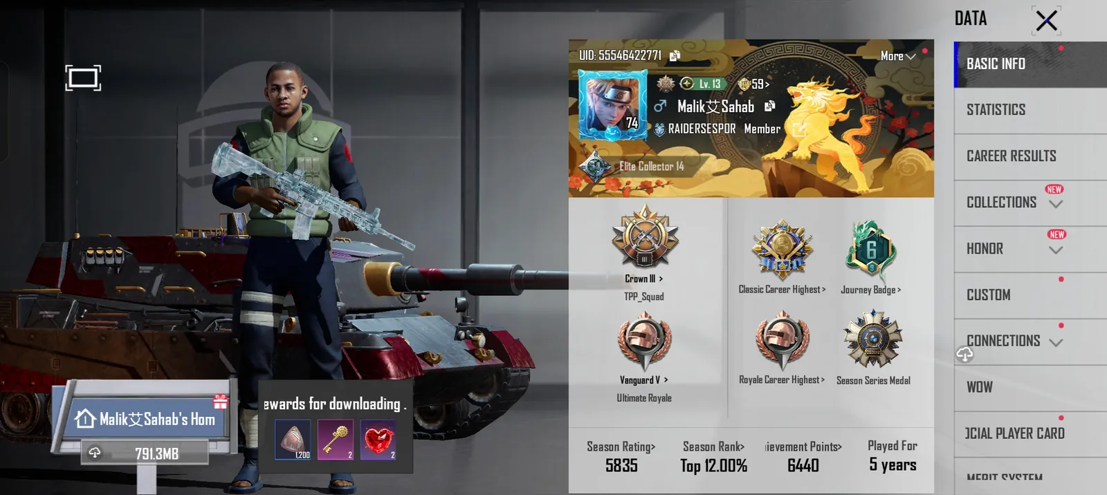 Bgmi has a 5 year old ID which has M416 Glacier which is of level 6 and AKM which is also of level 2, material is 4 and elite bass is also taken now
