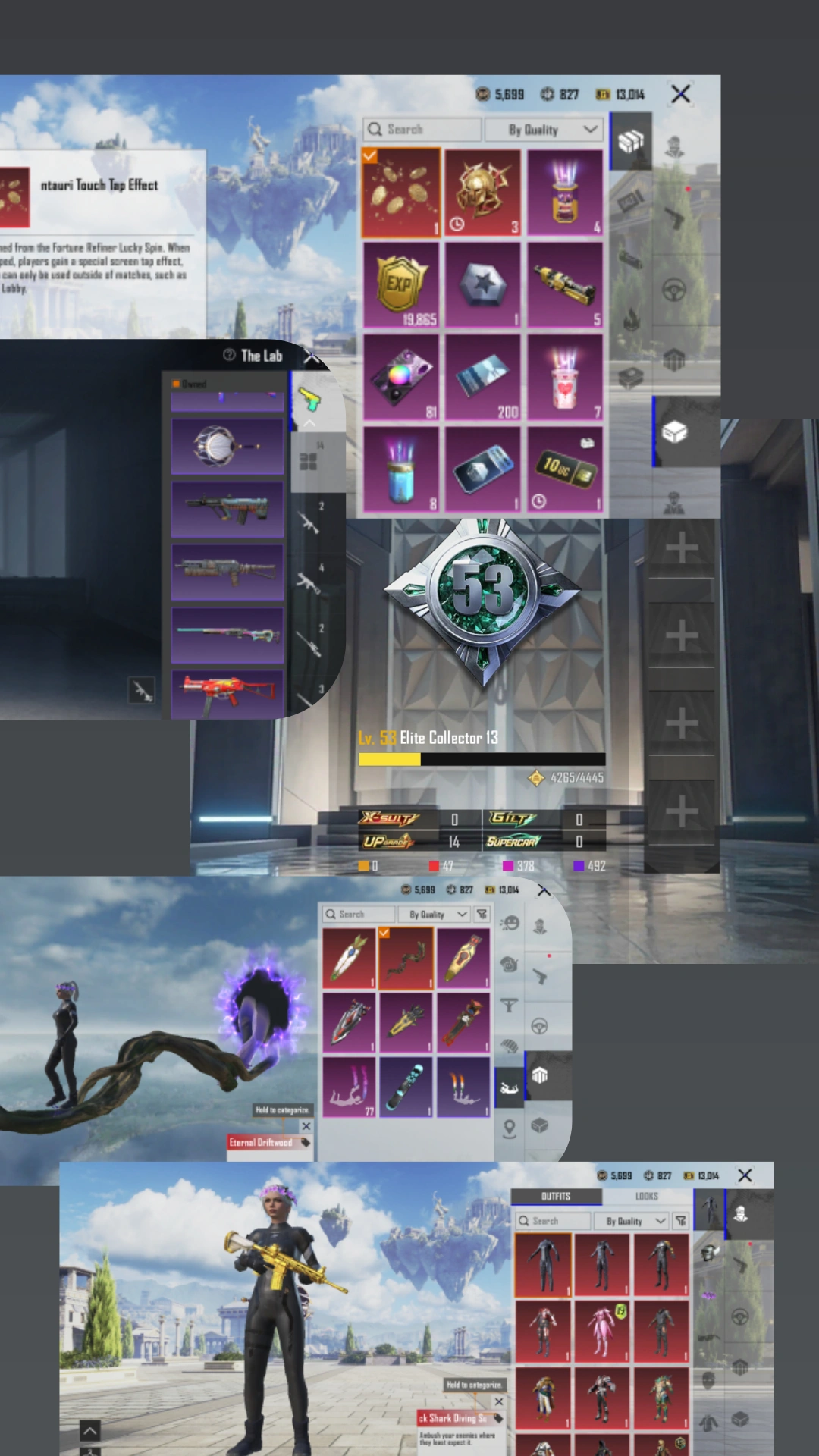2 time conqueror, 53 collection level , 4 ultimate set gems, two mythic rare glider , 47 mythic, mythic touch effect , 5 big and 3 small material, rp