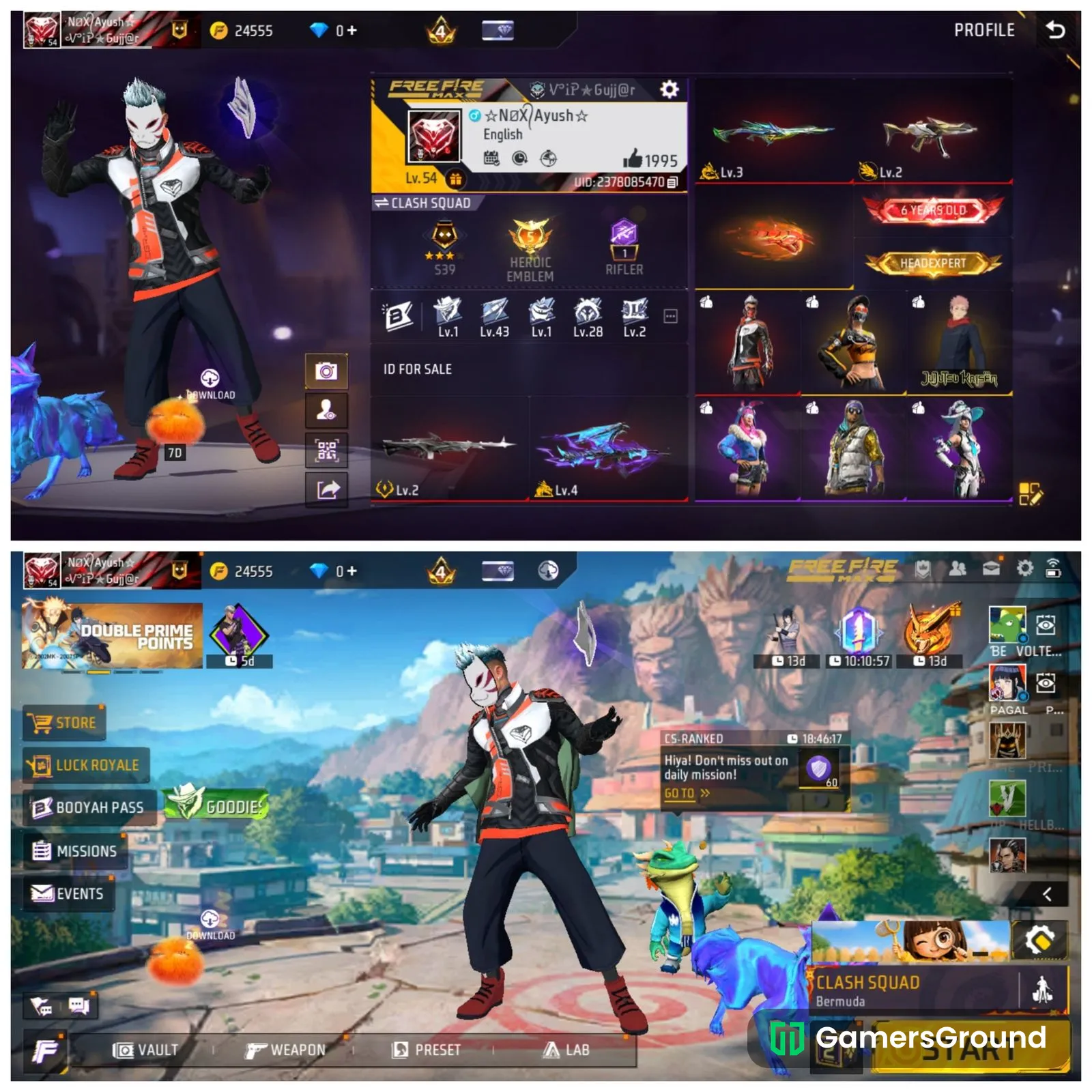 Free Fire Cobra Account + Evo guns skin | Prime level 4 | Rare and Old Items | 6 Year Badge |