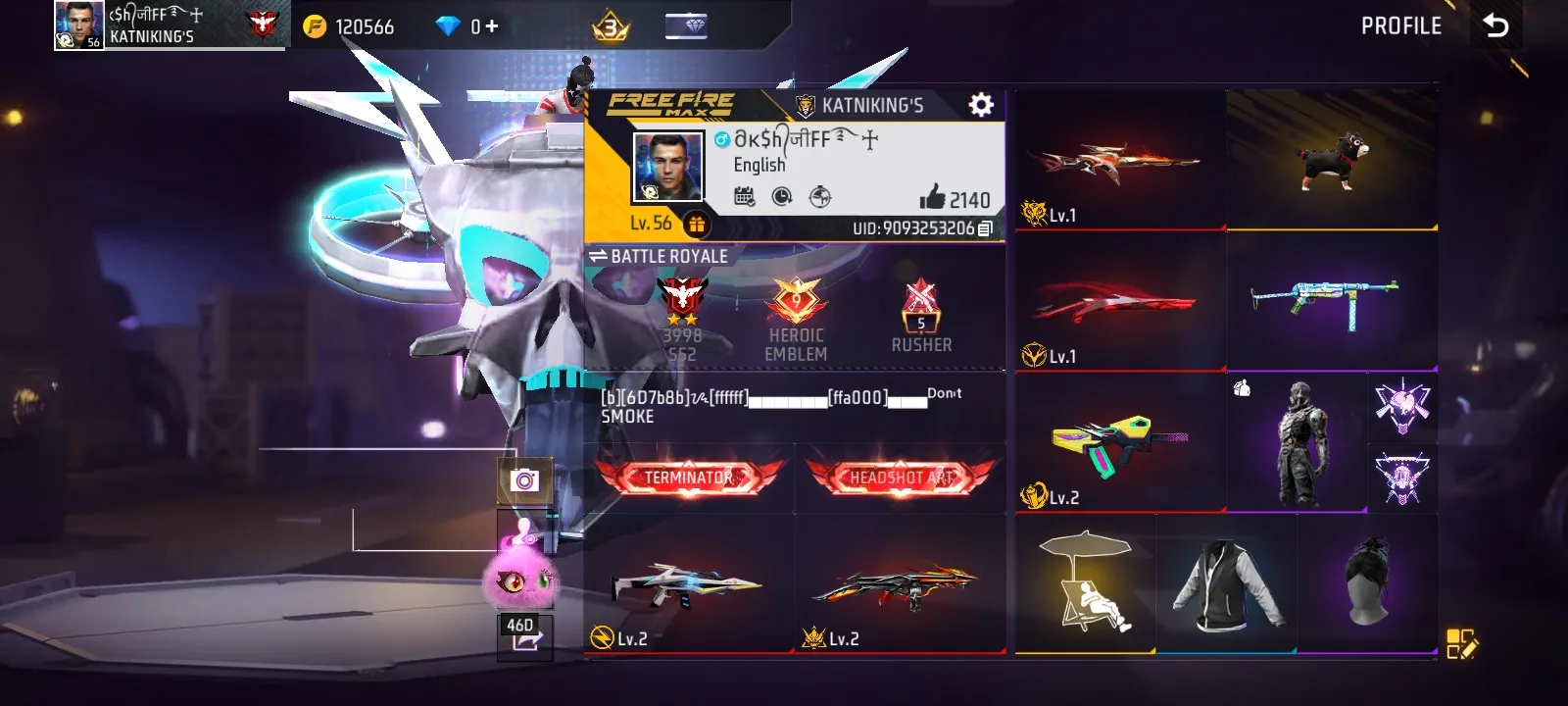 Rare account 57 level 5 evo guns,rare bundles,rare emotes,entry animation,bunny mp40,many other skins,worth it account