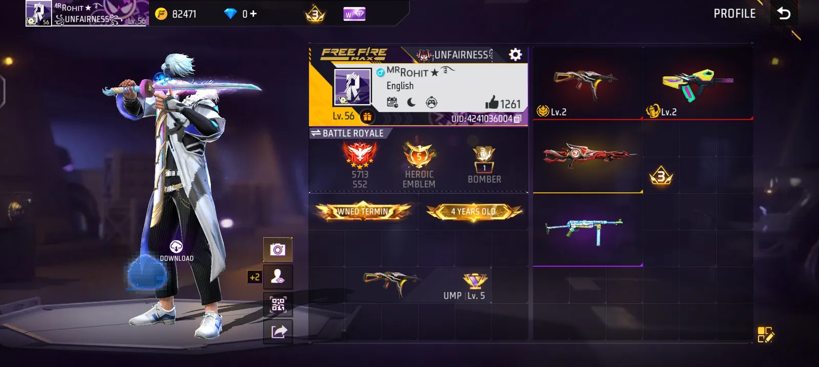 Free Fire Level 56 4 Years Old Heroic Account