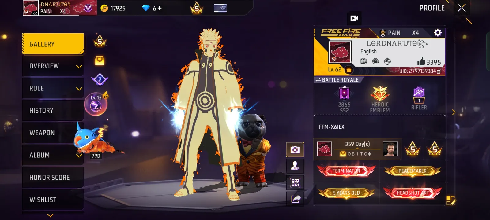 62 Level Free Fire Account