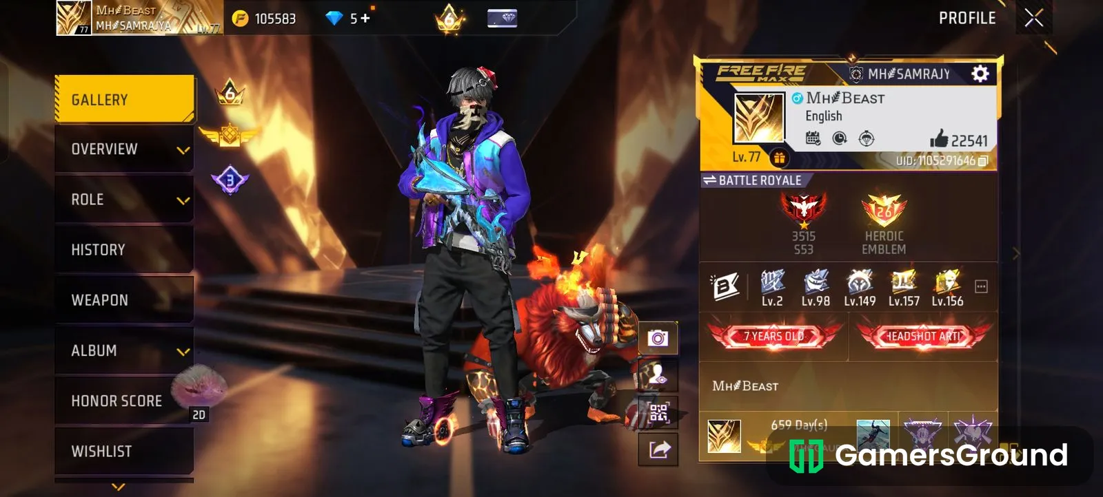 Free fire account with 7 years old tag and old elite pass