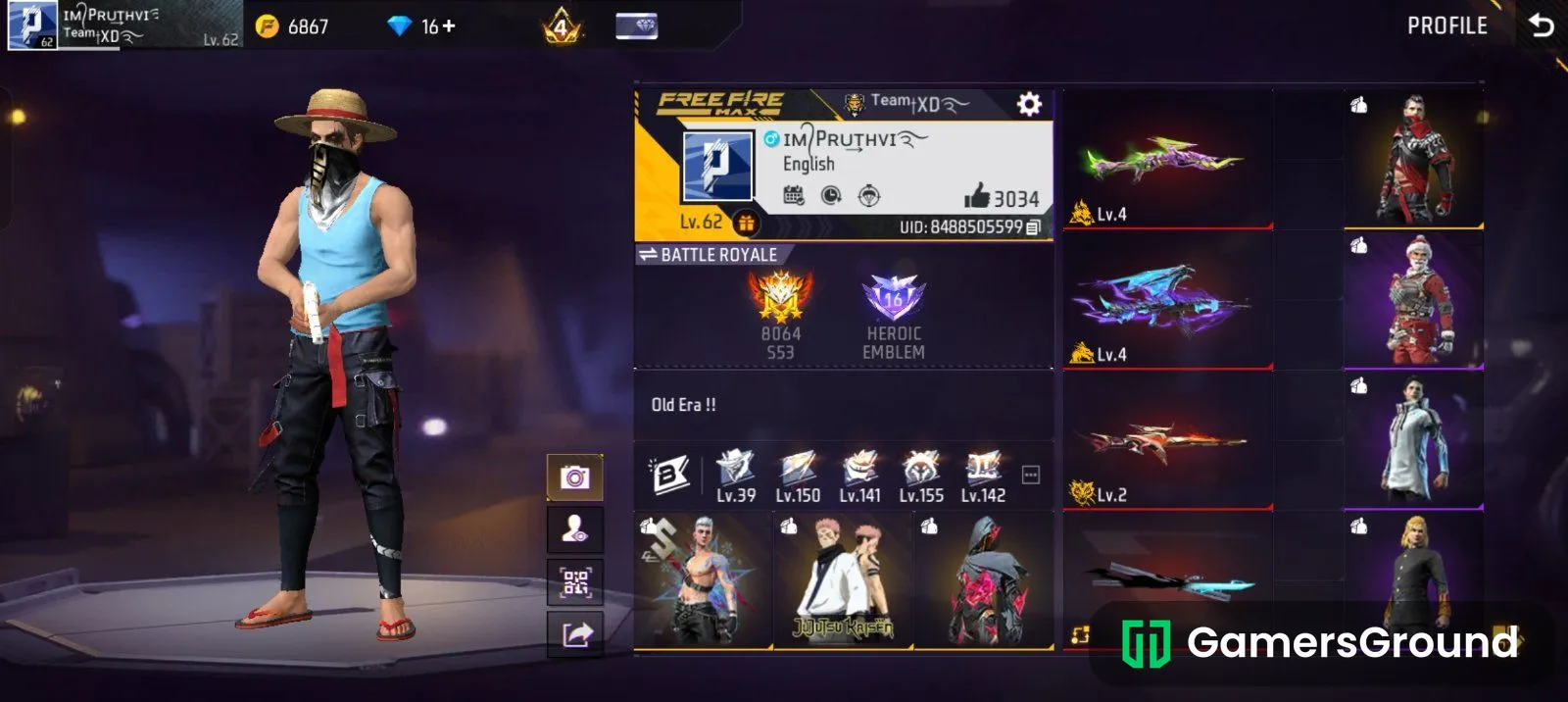 🔥 PRIME 4 LVL 62 FF ID | 4 EVO GUNS | 40 EMOTES | GOOD COLLECTION 🔥