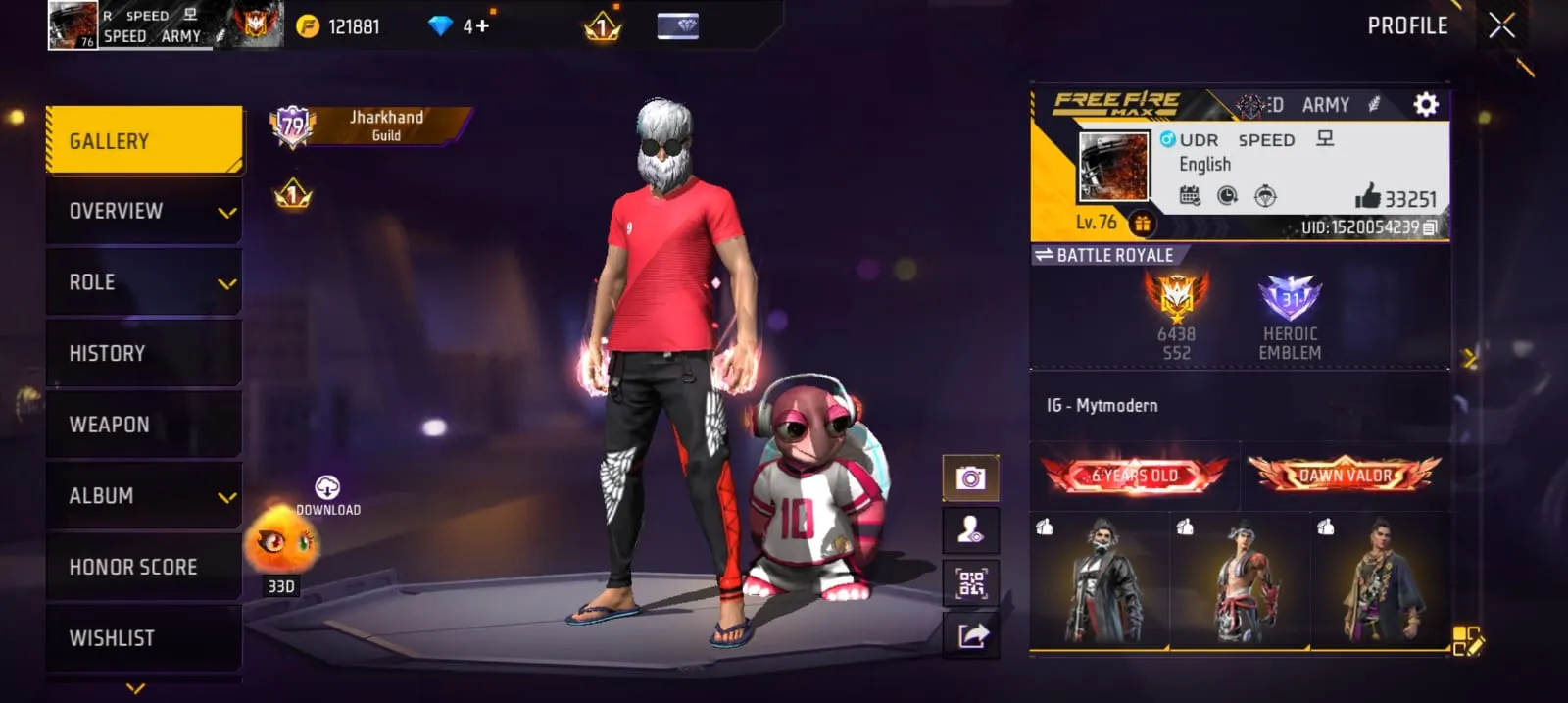 Want to sell a free fire id of lvl 76 and bare rare collection and evo skins