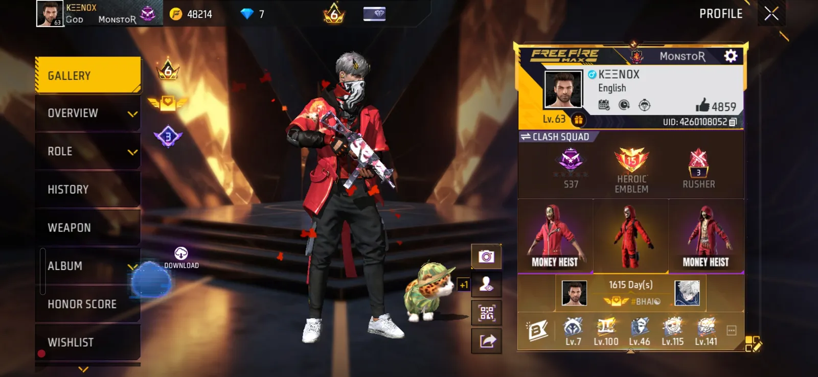 Account including rare bundles, evo guns , rare emotes,  rare collection,  level 62 prime level 6.