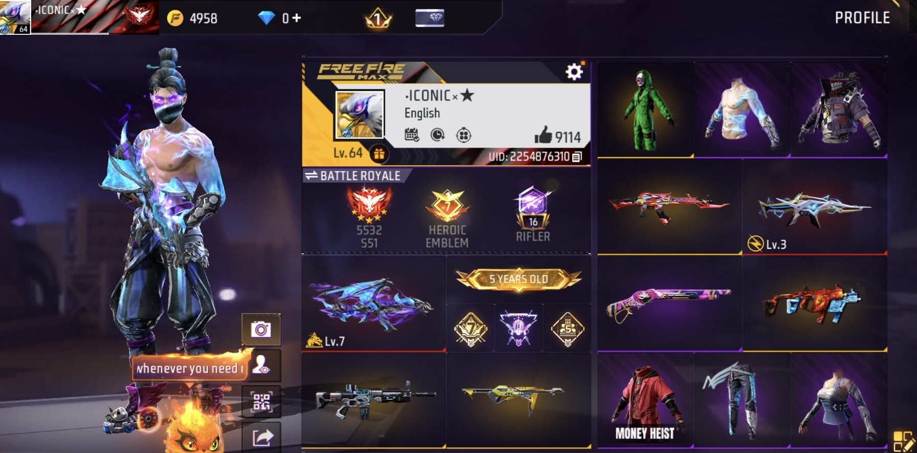 115k+ diamond topup prime level 7 Indian FF ID with AKMax 7 lvl With Green Criminal and with Many good collection ID
