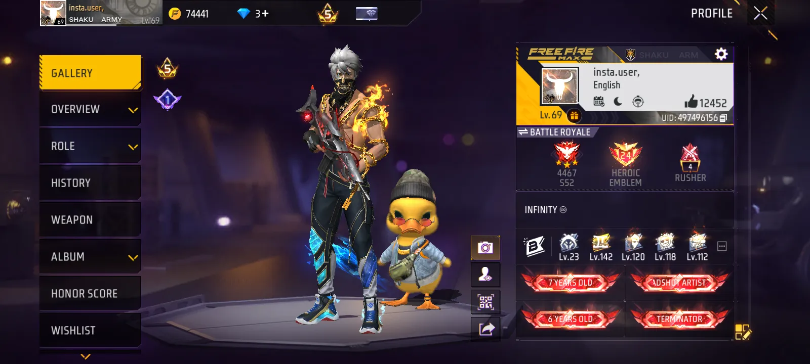 Free Fire ID Lv 69 | Max Evo Guns (MP40/SCAR/M1014) | 12.4K+ Likes | 7 Years Old Old Account | Full Access with Original Email