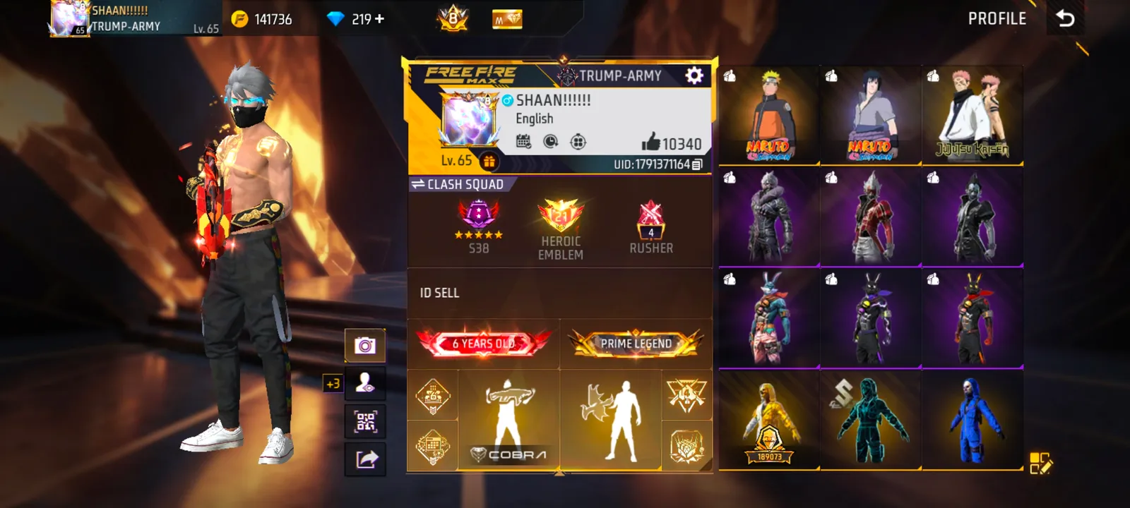 5 Evo Max , cobra , Megalodon Scar, Ak47 draco, Ump Booyah Day, M10 Draco,