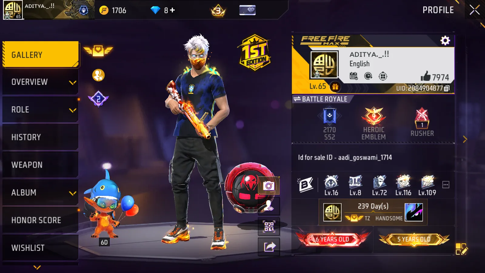 Lvl 66 account 6 year old some rare items 1st edetion bundle and some rare elite pass