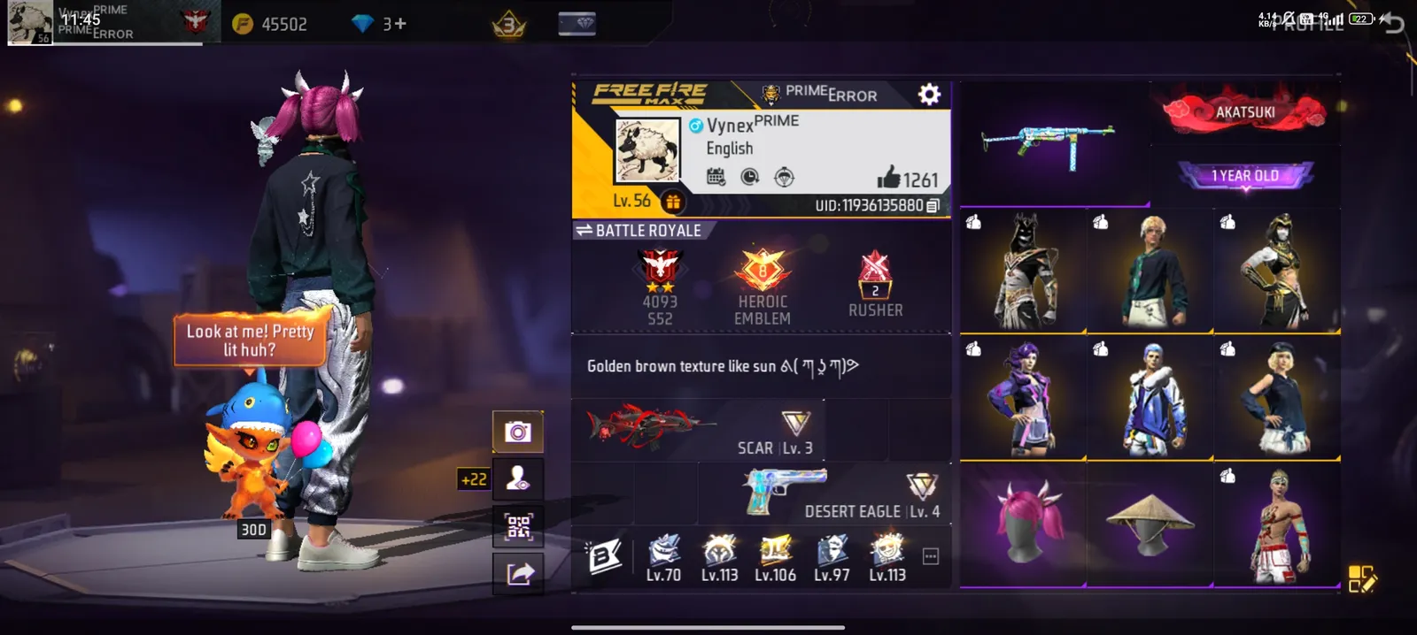 Free fire loaded account with evo scar level 3+ 139 gun skin+28 emote + 3boyyah pass +223880 gold coins